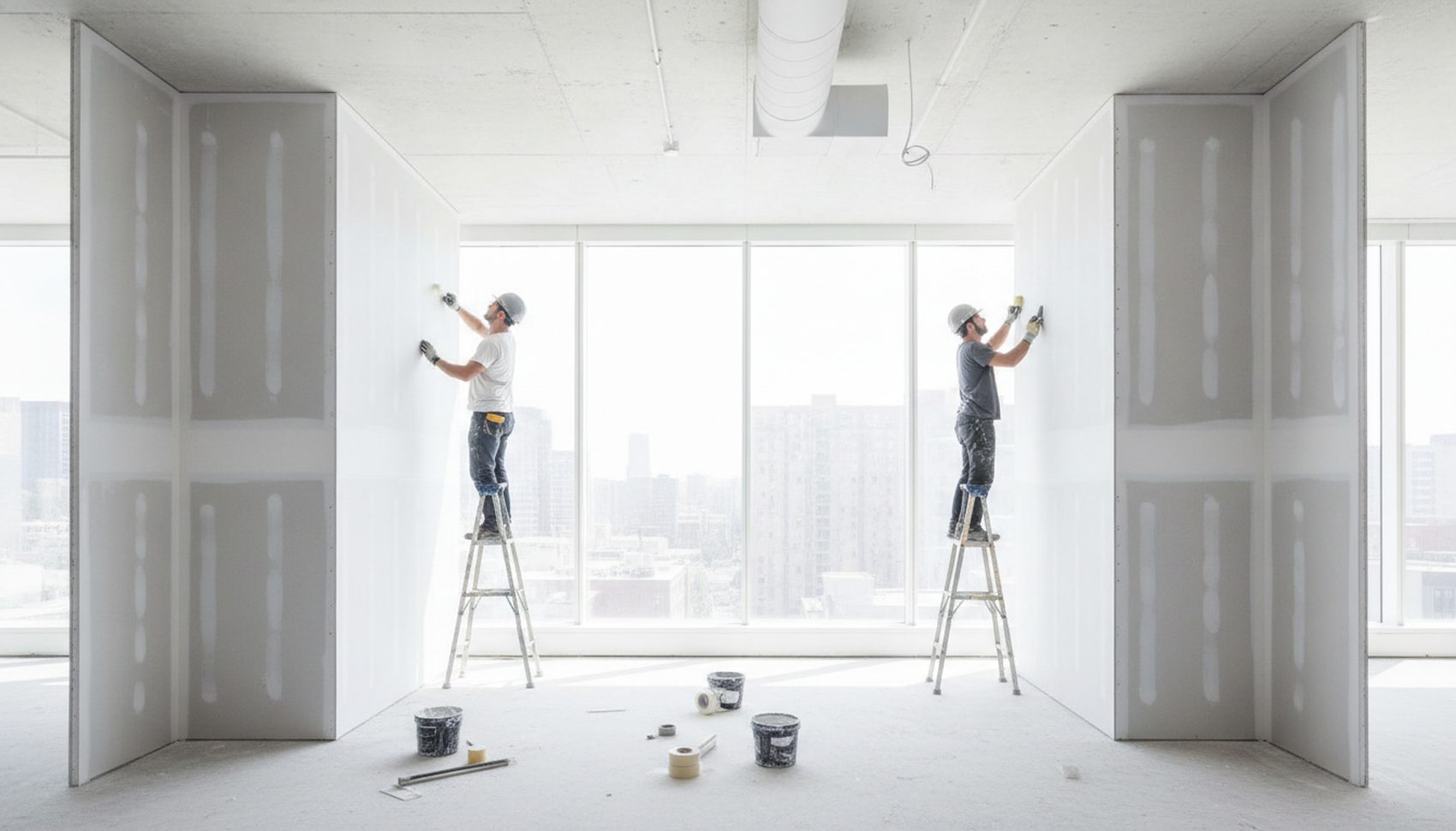 Two drywall workers finishing office partition walls in a daylight-filled commercial buildout