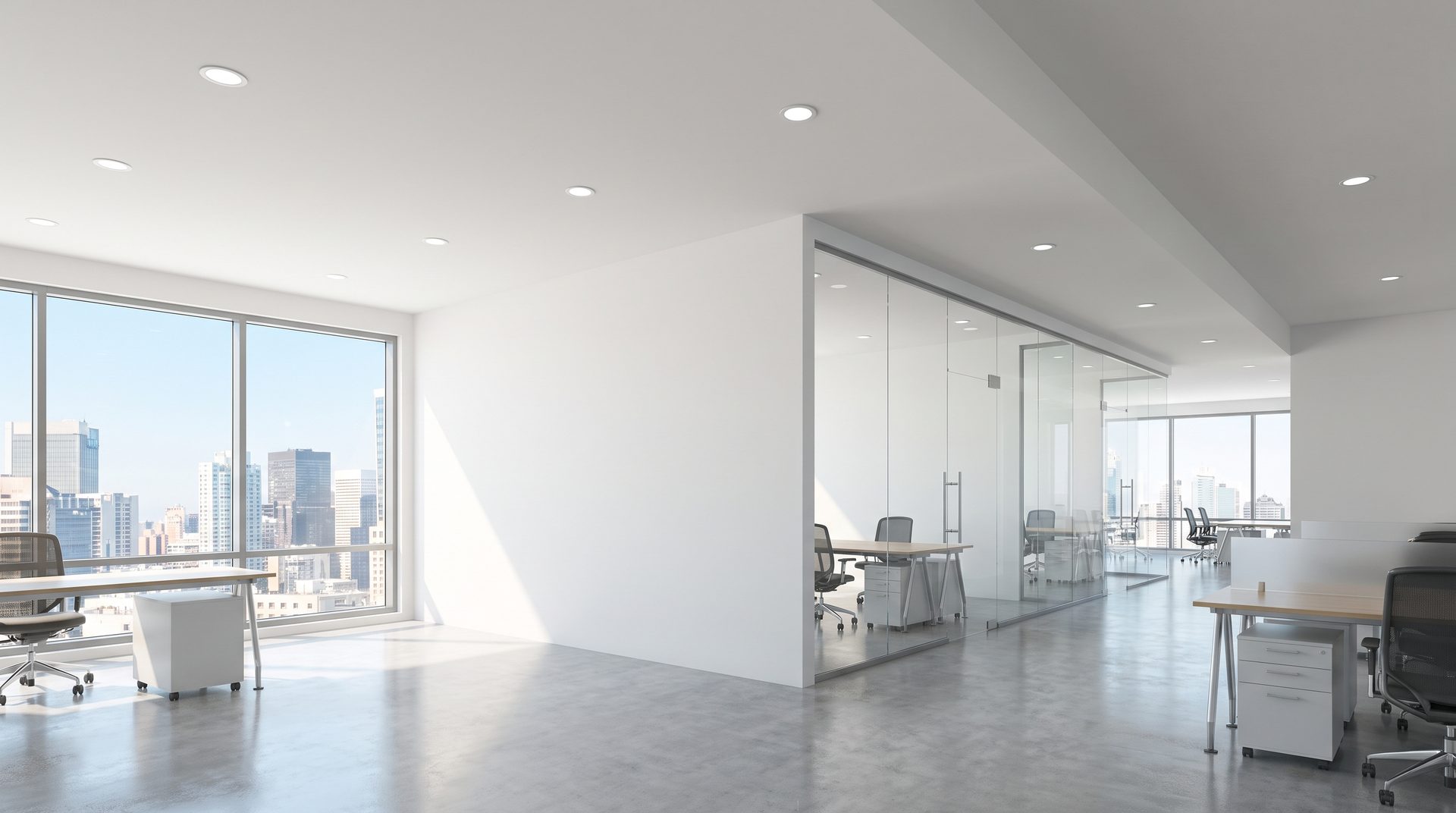 Modern finished office interior with smooth drywall partitions and glass offices