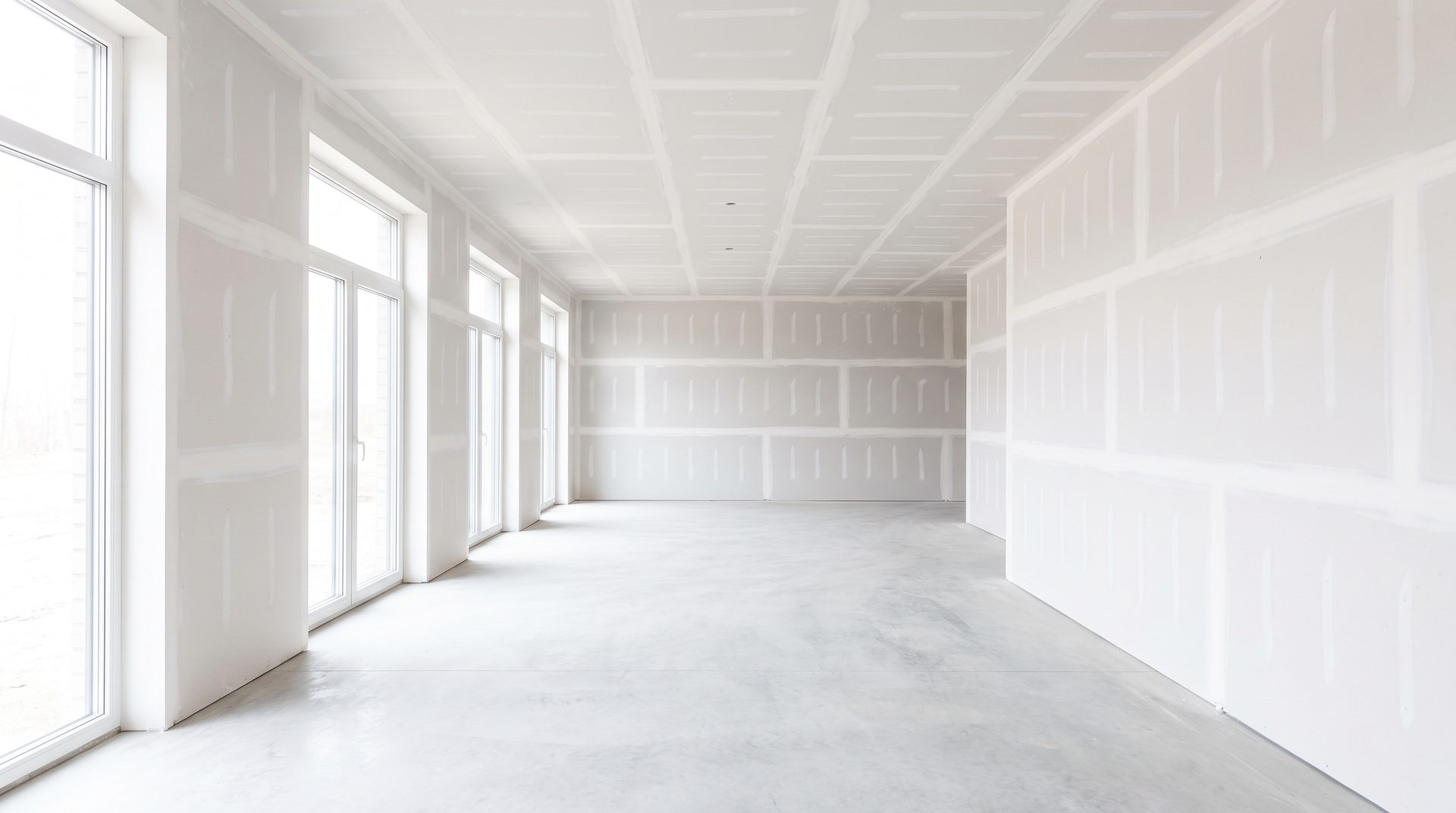 Large room fully hung with new drywall, crisp clean panels ready for finishing