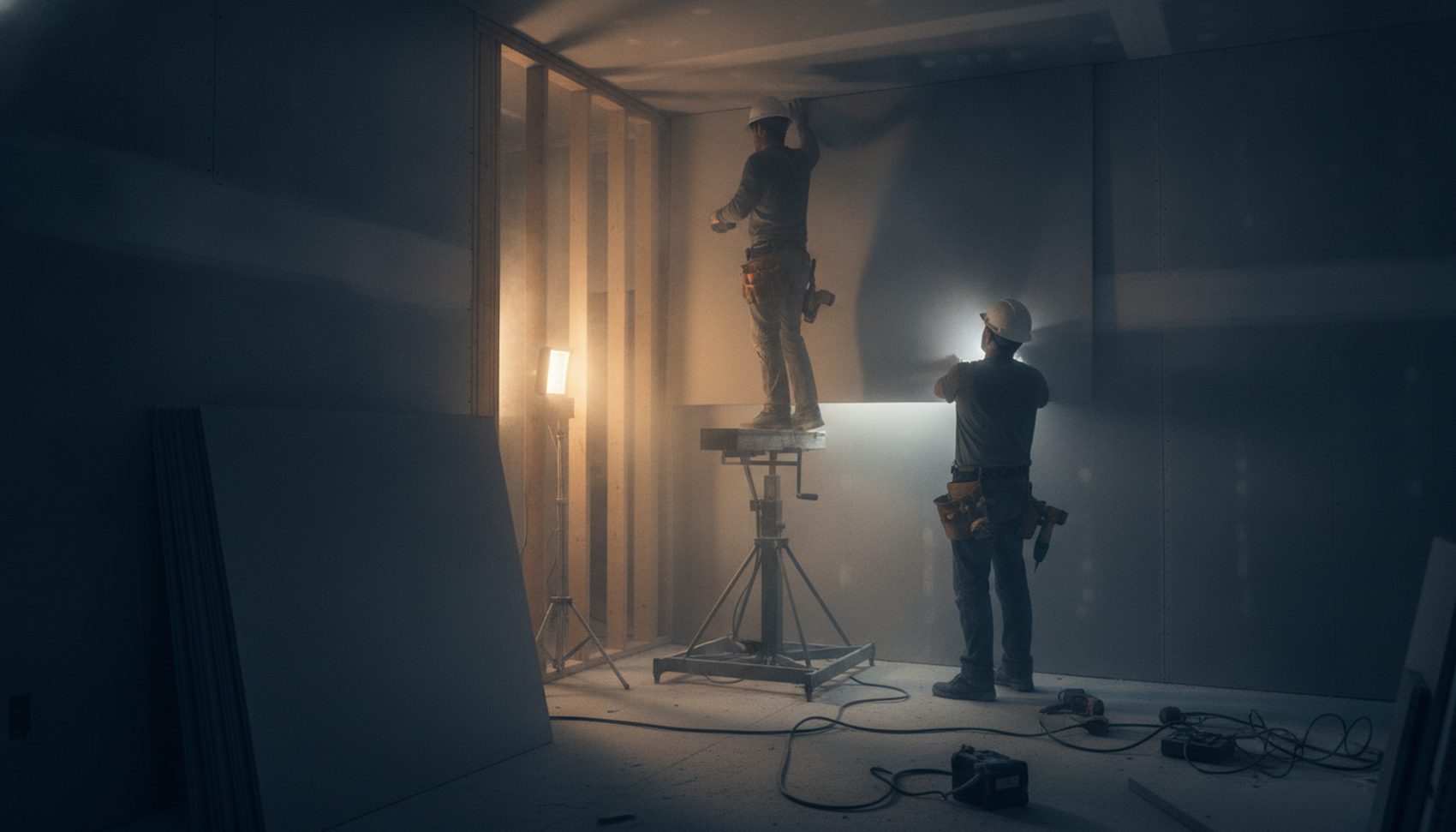 Drywall installers hanging a sheetrock panel on a new wall during a Bay Area home addition