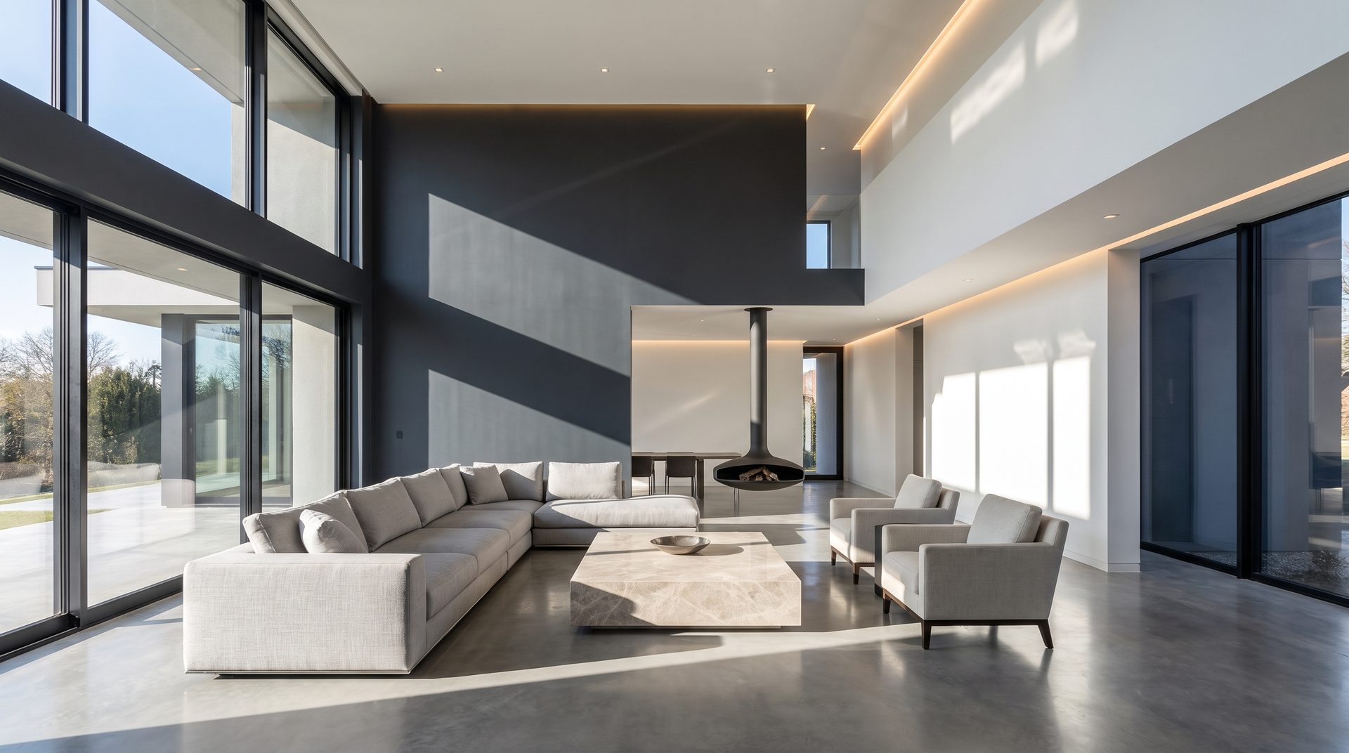 Luxury living room with flawless Level 5 smooth walls under dramatic raking light