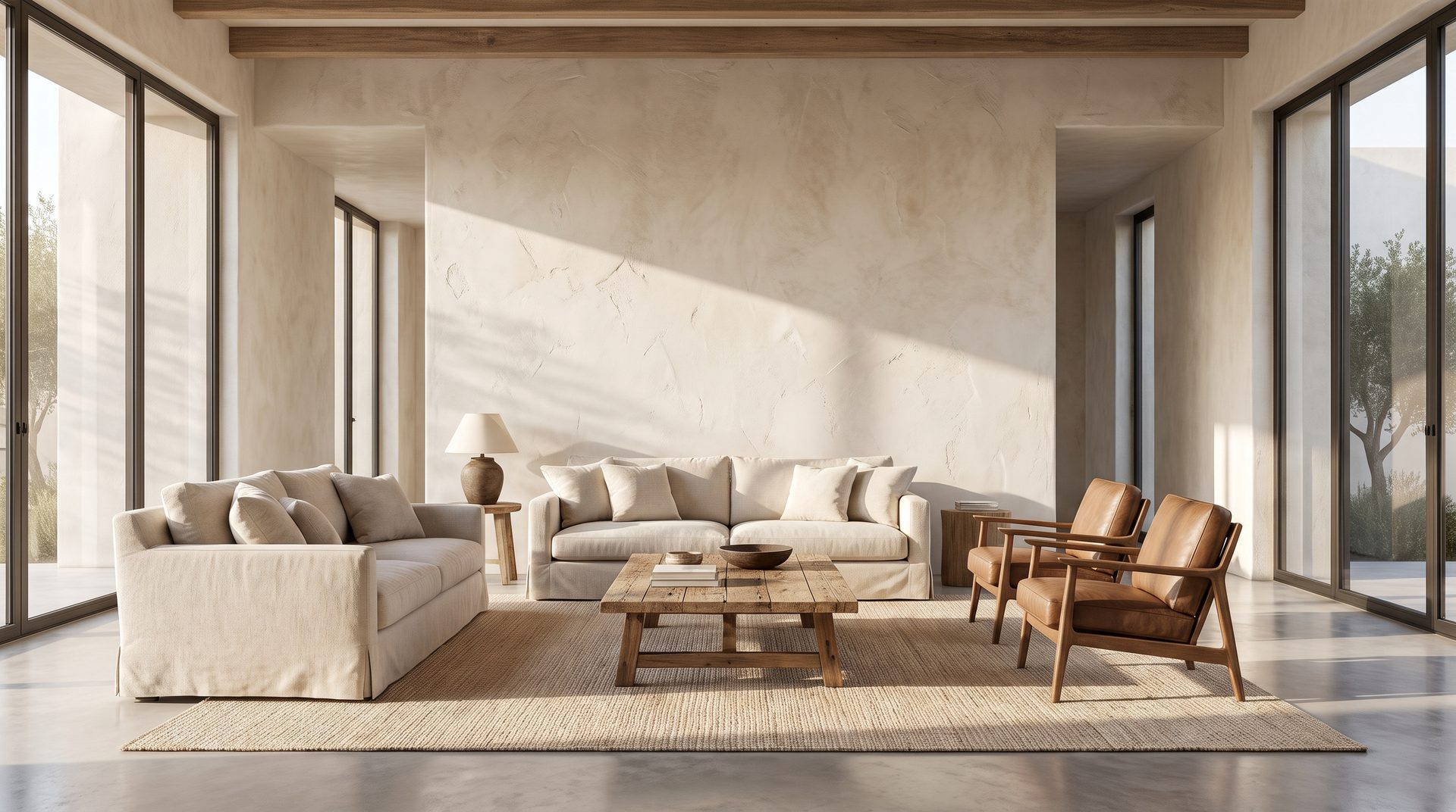 Upscale living room with an even artisanal hand-troweled wall texture