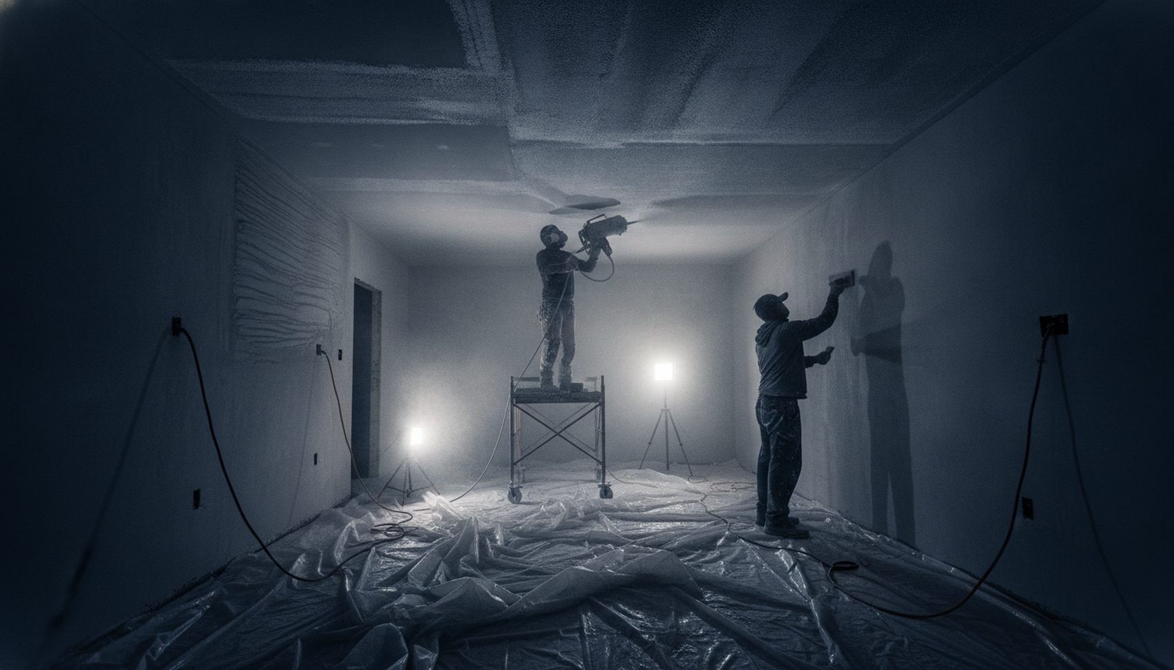 Texture specialist spraying knockdown ceiling texture with a hopper gun