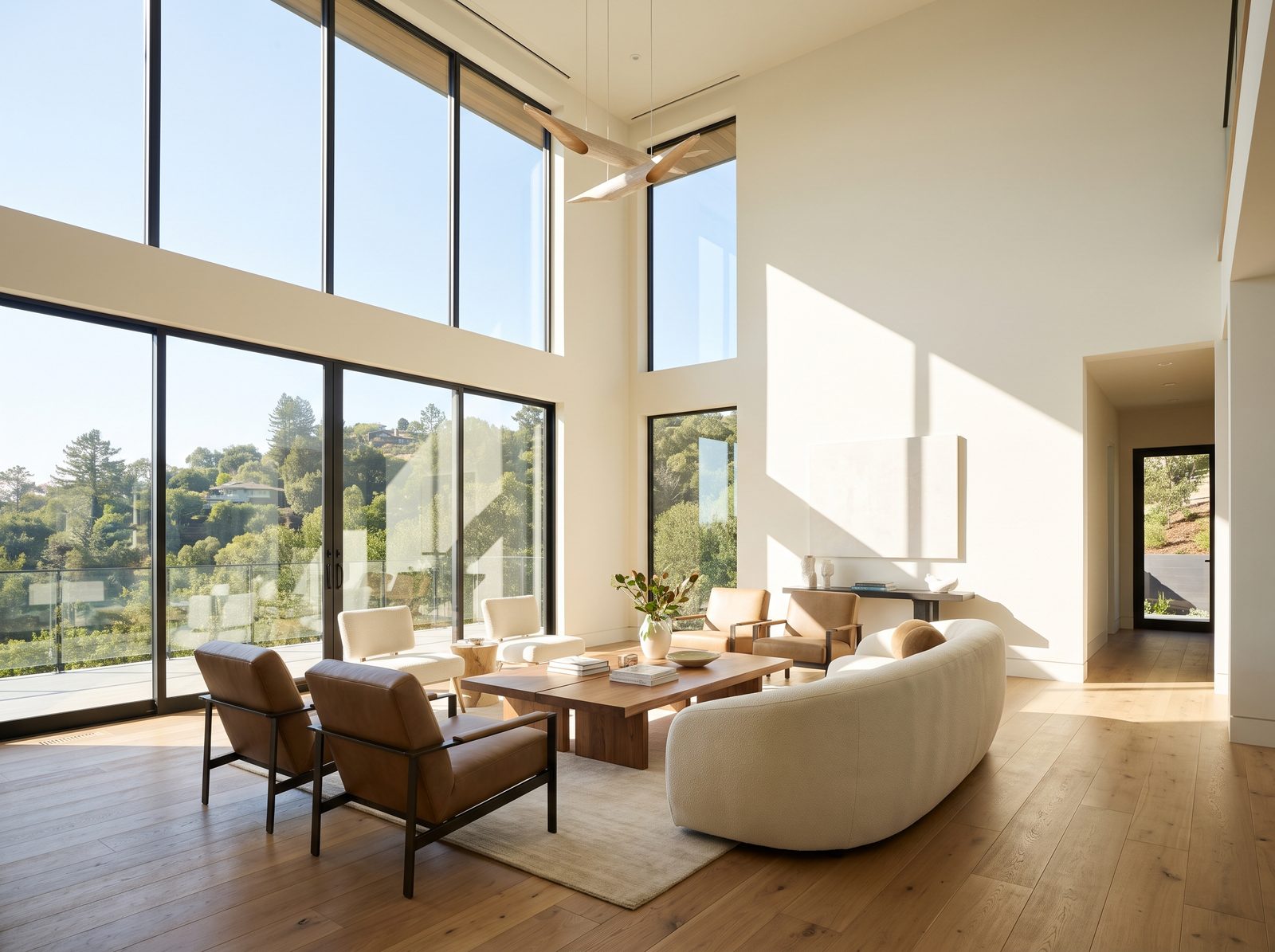 Finished double-height great room with flawless smooth drywall walls and ceiling in a Bay Area home