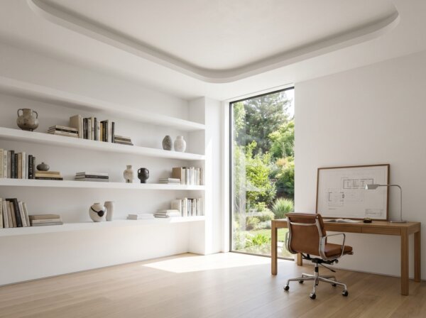 Refined home office with flawless finished drywall walls and built-in shelving