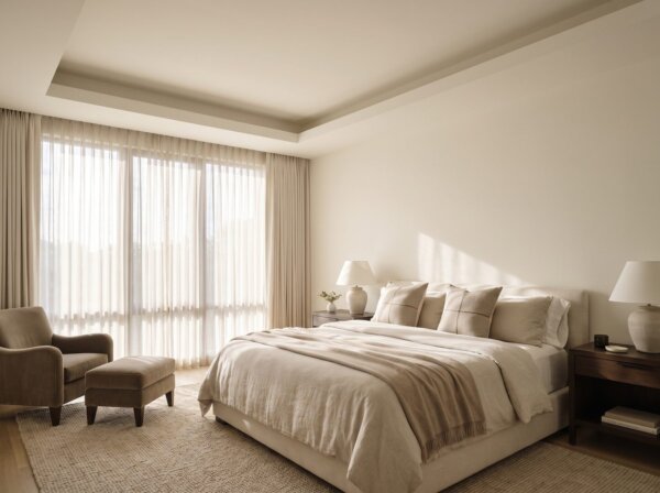 Luxury master bedroom with immaculate drywall walls and a crisp tray ceiling