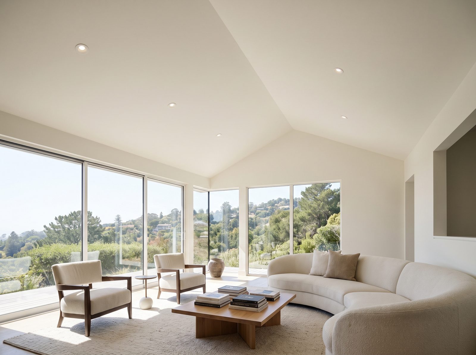 Completed vaulted drywall ceiling with crisp clean lines in an upscale Bay Area living room