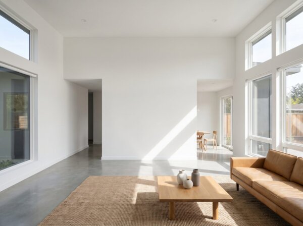 Expansive open-plan interior with drywall taped and finished to a uniform surface
