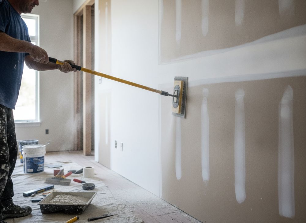 Drywall & Taping: sanding seams in progress on a Bay Area project by New Line Drywall