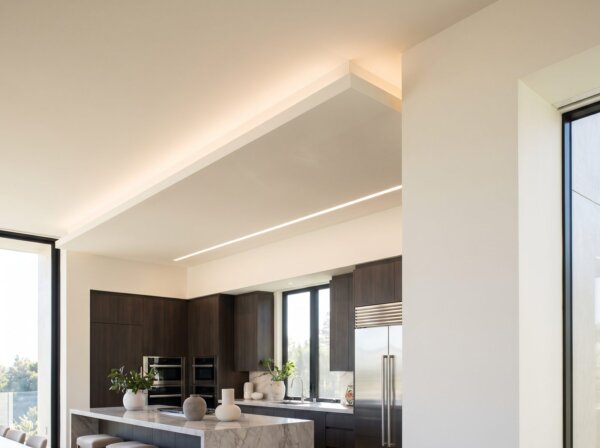 Elegant finished drywall soffit above a designer kitchen with dead-straight lines