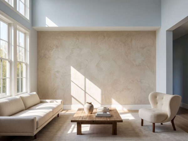 Striking designer accent wall with a custom drywall texture under dramatic light