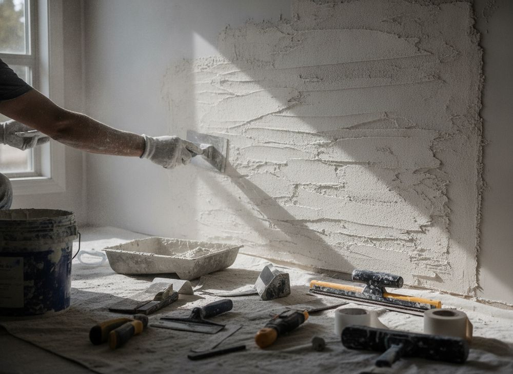 Custom Textures: finished texture wall in progress on a Bay Area project by New Line Drywall