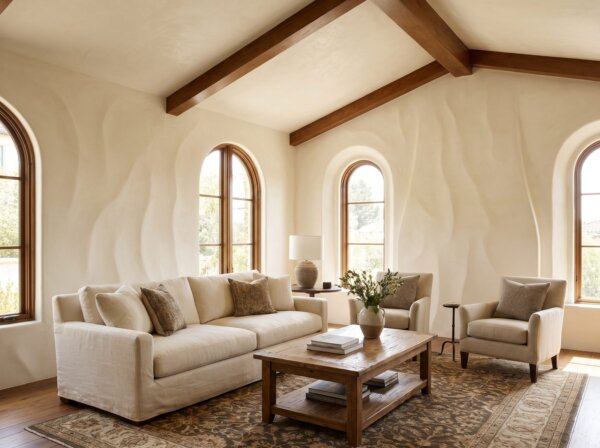 Upscale interior with an artisanal hand-troweled old-world drywall texture