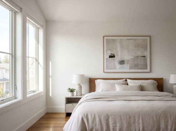 Refined bedroom with a fine even orange peel drywall texture