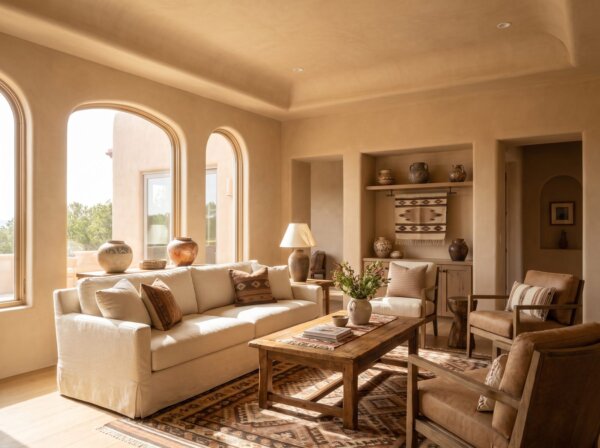 Warm interior with a smooth Santa Fe style hand-applied drywall finish