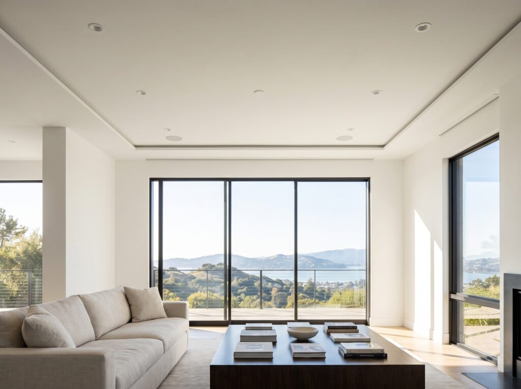Perfectly smooth Level 5 ceiling with crisp perimeter lines in an upscale room