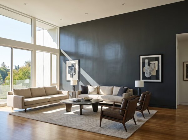 Deep charcoal Level 5 smooth wall reading like glass under strong side light