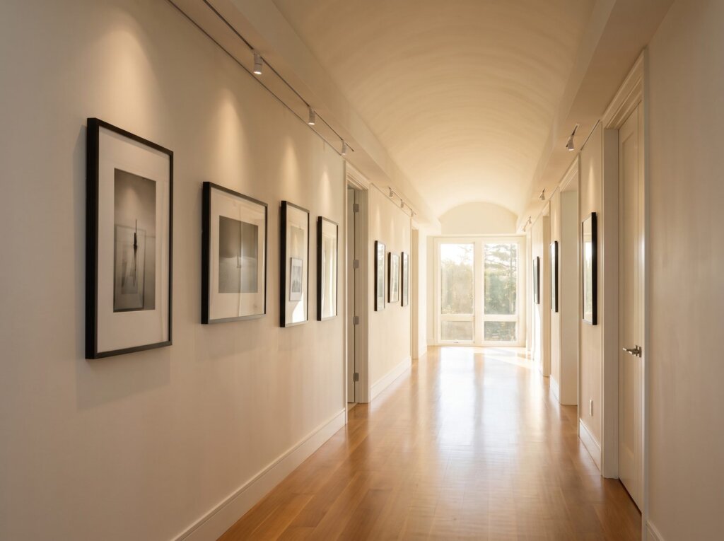 Gallery-like hallway with flawless Level 5 smooth walls under directional lighting