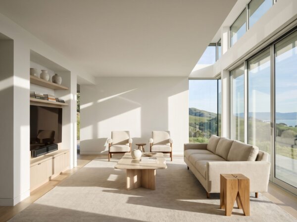 Luxury living room with flawless Level 5 smooth walls under dramatic raking light