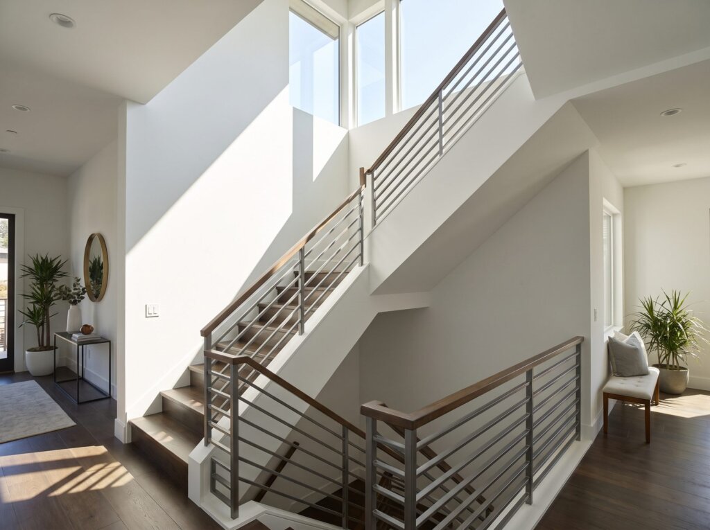 Dramatic stairwell with flawless Level 5 smooth walls under raking sunlight