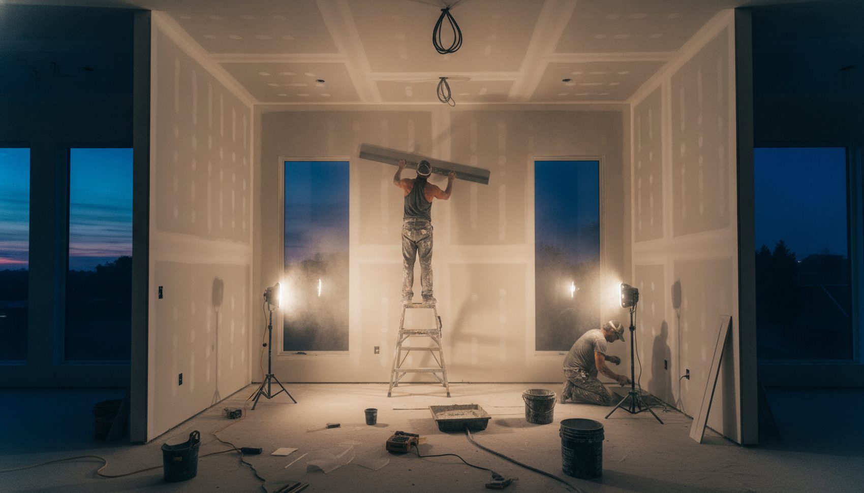 Drywall crew taping seams and finishing smooth walls during a Bay Area home remodel at dusk