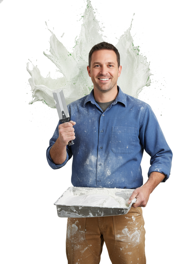 Drywall finisher holding a stainless taping knife and a mud pan of joint compound
