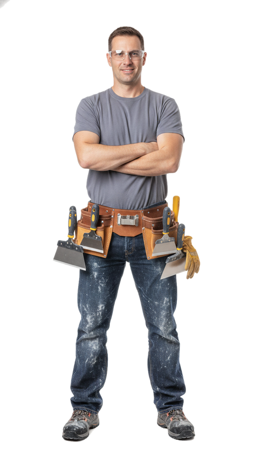 Drywall installer with tool belt of taping knives and safety glasses, ready for a Bay Area project
