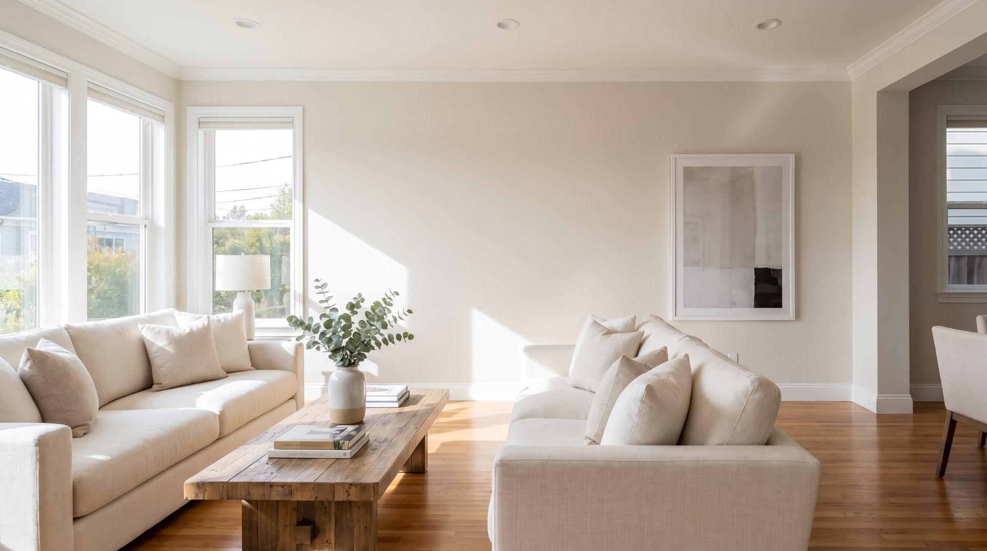 Elegant living room wall with an invisible drywall repair, perfectly smooth under raking sunlight