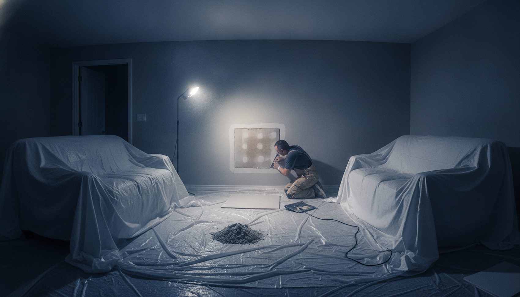 Drywall repair specialist cutting out a water-damaged sheetrock section in a Bay Area home