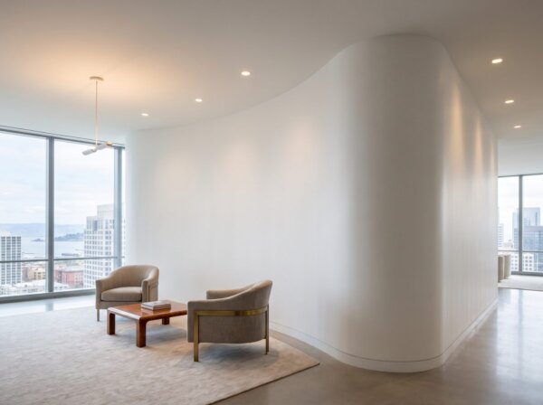 Elegant finished curved drywall wall built over steel framing in a modern lobby