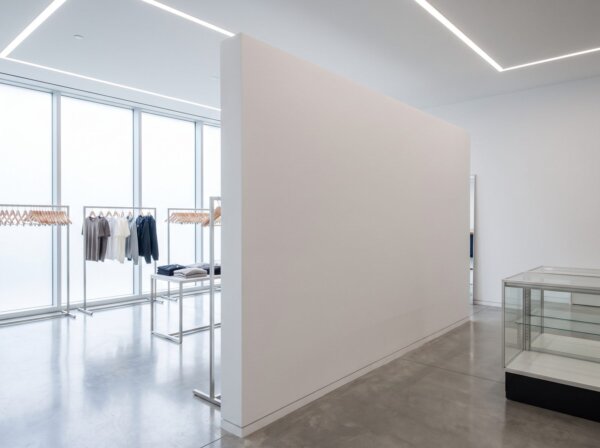 Completed demising wall in a modern retail space, flawlessly straight and smooth