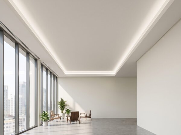 Finished suspended drywall ceiling with clean recessed light coves