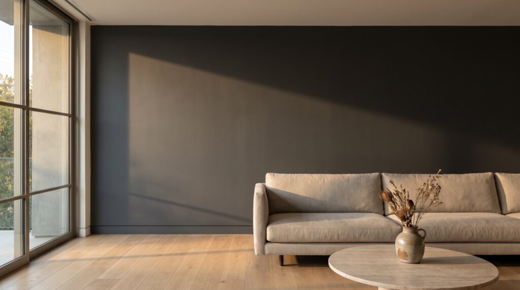 Smooth charcoal satin-painted wall in a modern living room with sunlight grazing across it from a tall window