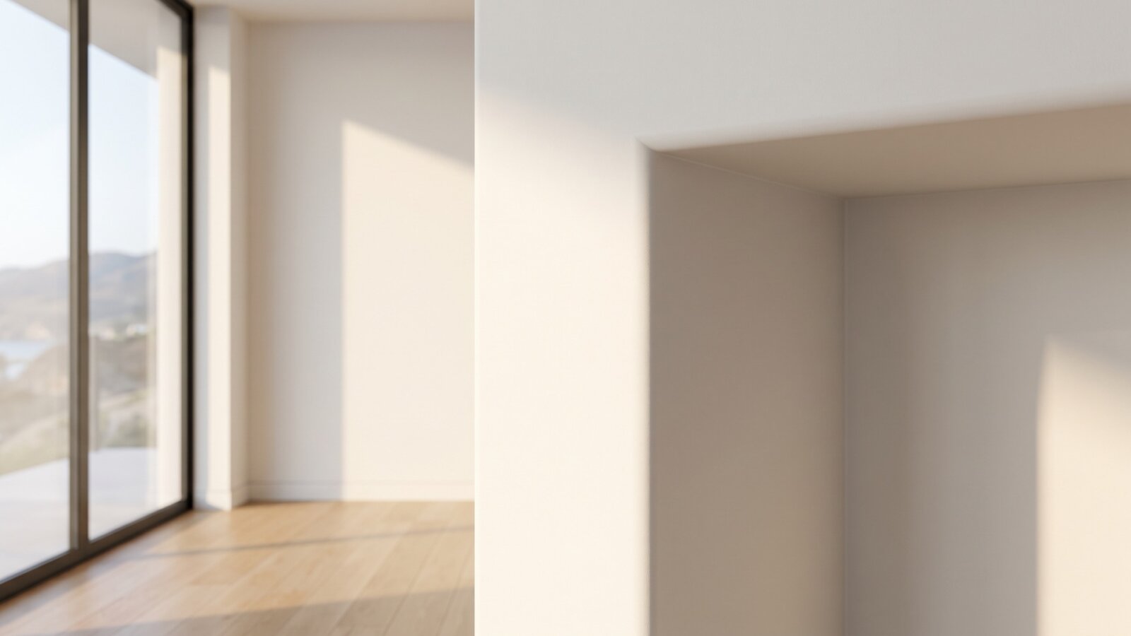 Smooth, seamless drywall wall and ceiling corner in an empty living room under raking window light