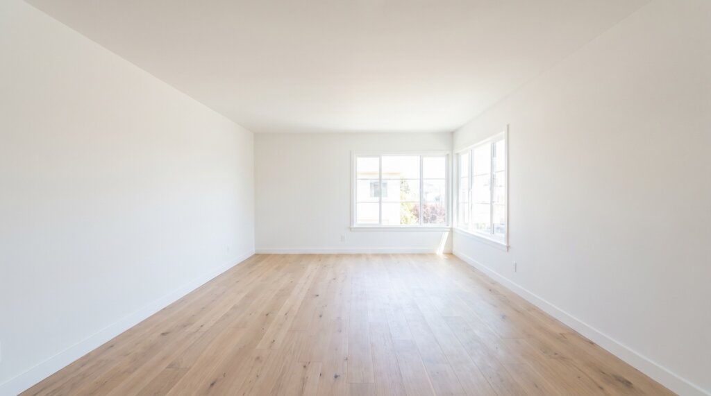 Empty living room with smooth, freshly finished and primed drywall walls and ceiling lit by natural window light