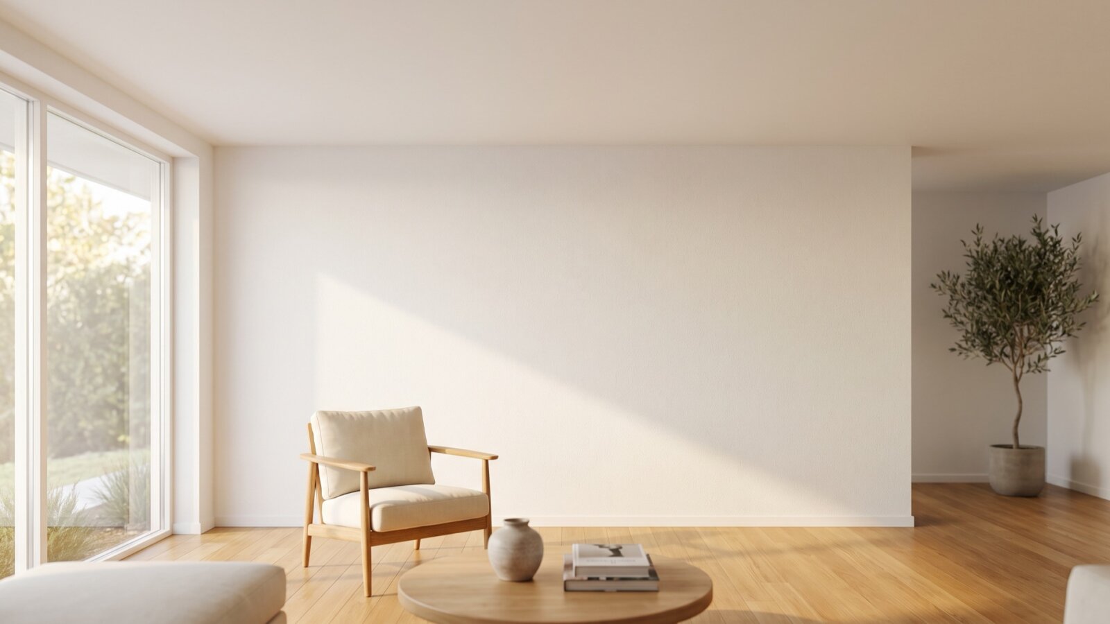 Bright living room with a smooth white drywall ceiling and lightly textured wall lit by raking window light, showing an even, seamless finish
