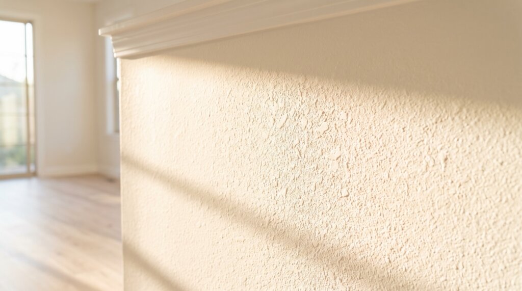 Close-up of a painted interior wall with knockdown drywall texture under low raking sunlight, showing flattened peaks and soft shadows