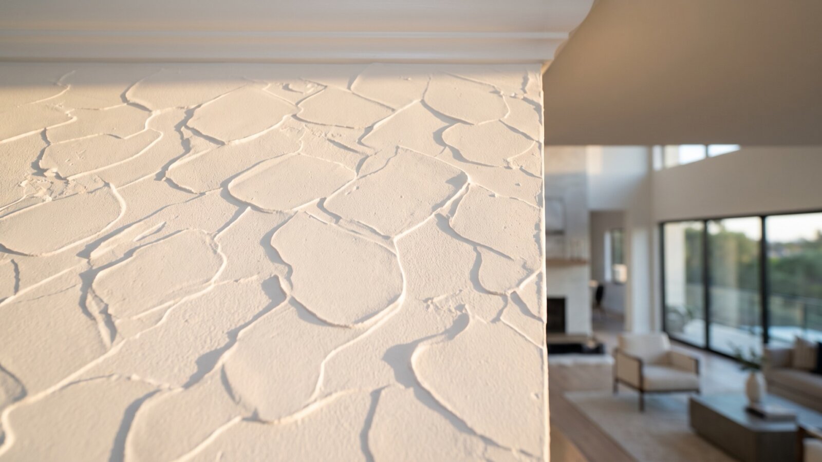 Close-up of a white knockdown texture ceiling in raking light, showing flattened irregular pads of joint compound and soft shadows between them