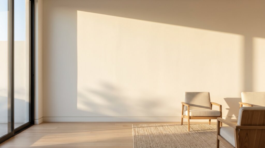 Smooth painted drywall wall in a modern living room lit by low-angle side light from a window, showing an even, seamless surface