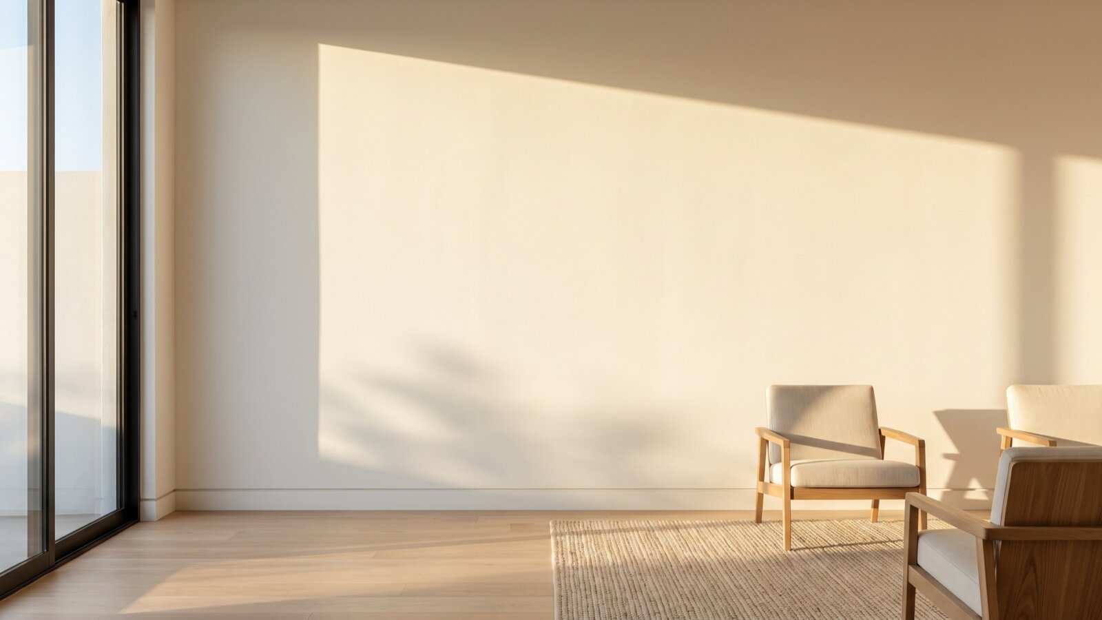 Smooth painted drywall wall in a modern living room lit by low-angle side light from a window, showing an even, seamless surface