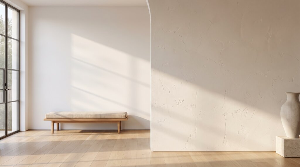 Illustrative living room comparing a smooth matte drywall wall with an adjoining knockdown-textured wall under low-angle window light