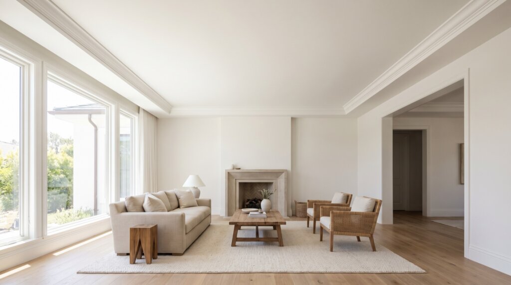 Smooth, evenly finished white ceiling in a bright living room with daylight grazing across the surface