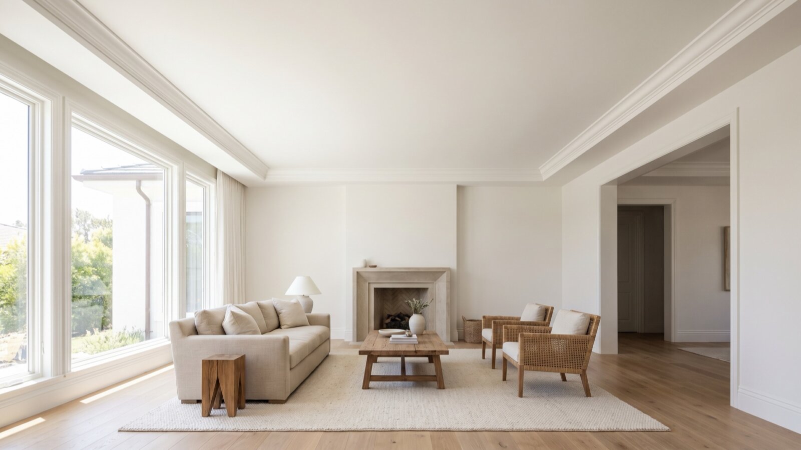 Smooth, evenly finished white ceiling in a bright living room with daylight grazing across the surface