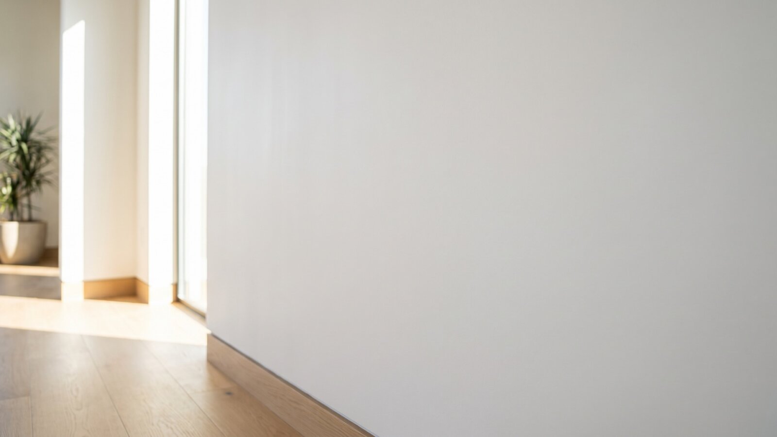 Smooth primed interior wall lit by low-angle window light, showing an even surface with no visible texture or seams